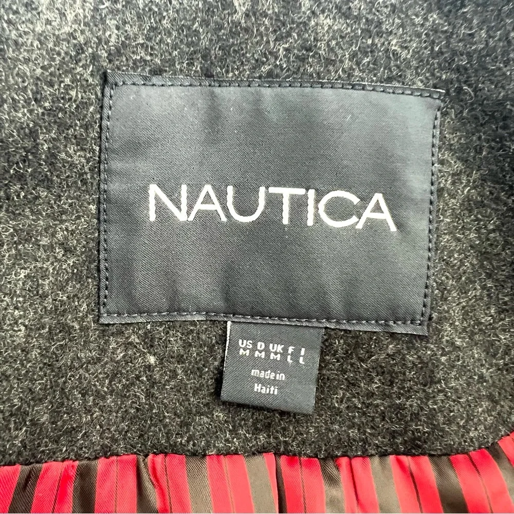 NAUTICA Women's Black Gray Trim Wool Blend Double Breasted Button Peacoat Sz M